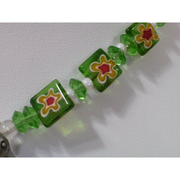 Handcrafted Millefiori Glass & Metal Turtle Pendant Necklace With Green & White - Picture 3 of 6